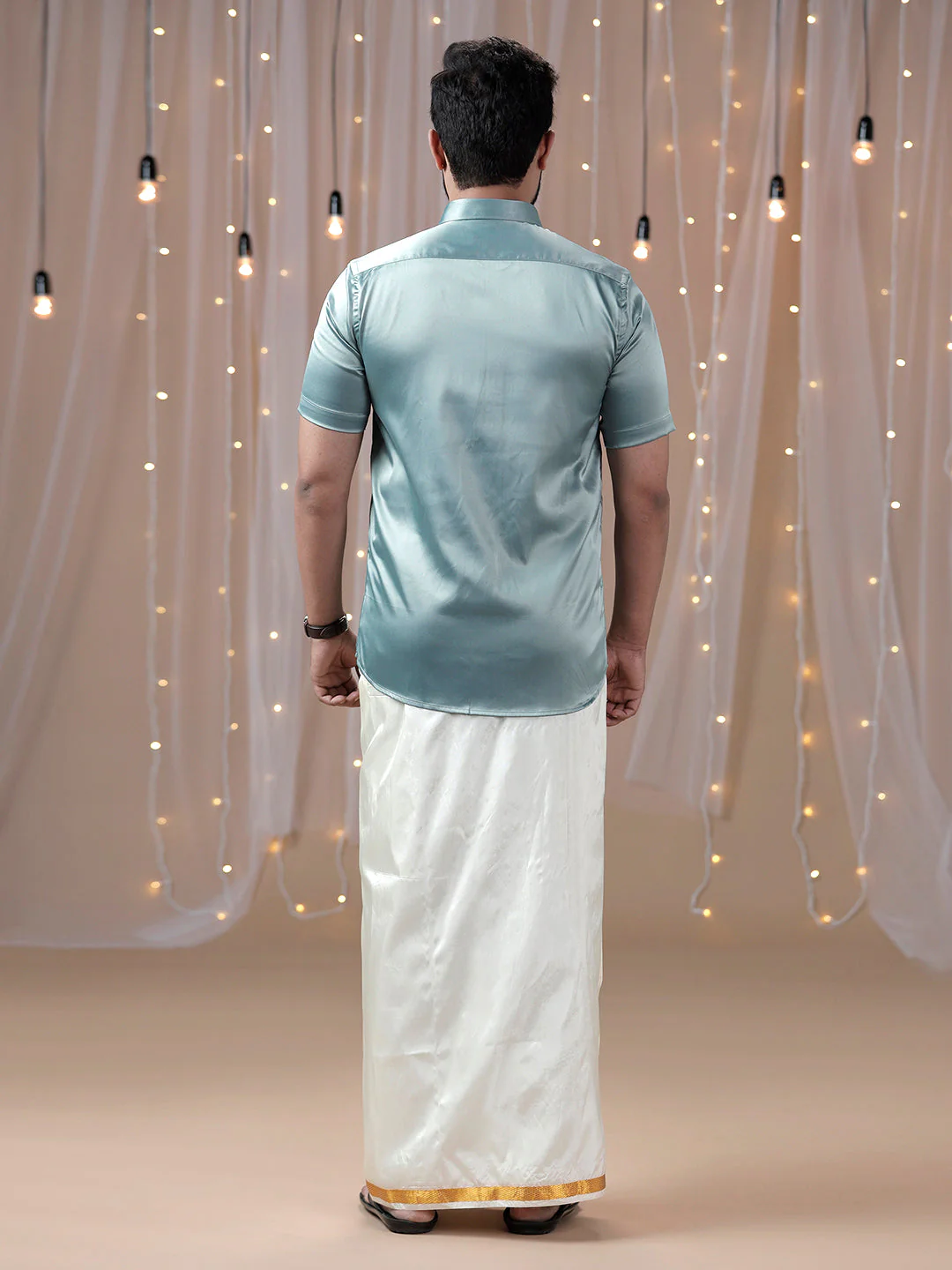 Men Grayish Green Half Sleeves Shirt with Art Silk Double Layer Dhoti Combo PS8 - Image 5