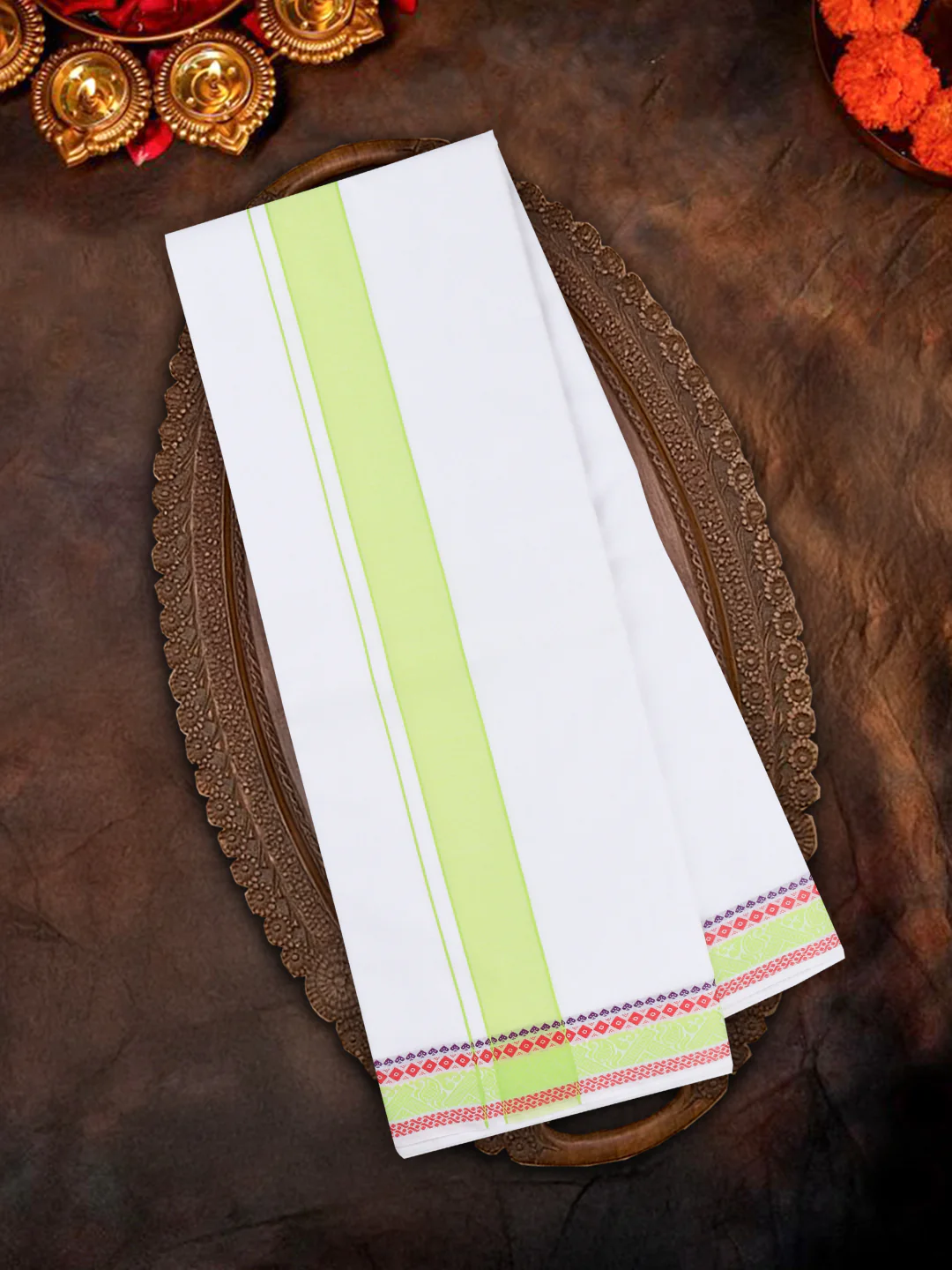 Men Cotton Green Fancy Border Panchakacham with Angavasthram (9+5) JD13 - Image 4