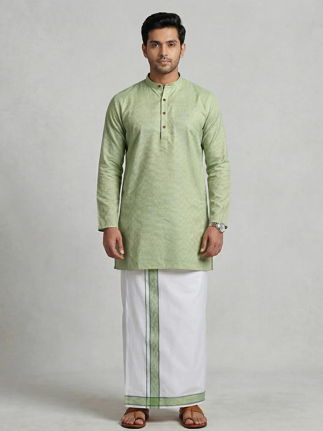 Men Green Medium Length Kurta with Matching Border Dhoti Set MHJ7 - Image 2