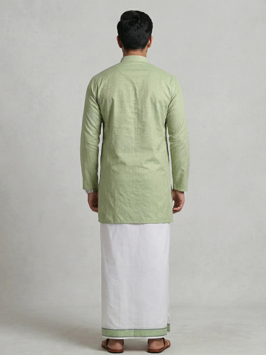 Men Green Medium Length Kurta with Matching Border Dhoti Set MHJ7 - Image 3
