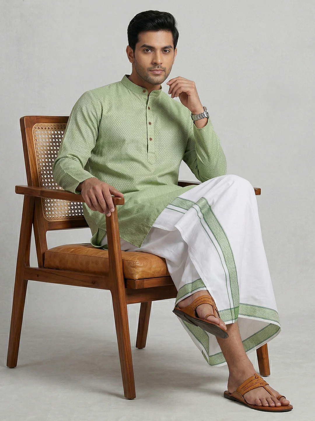 Men Green Medium Length Kurta with Matching Border Dhoti Set MHJ7 - Image 5