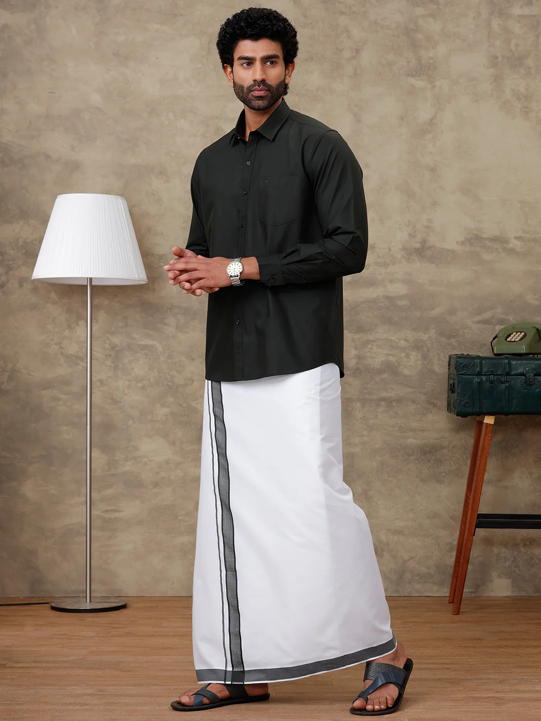 Men Green Waterlo Shirt With Matching Border Dhoti Set Trendy - Image 2