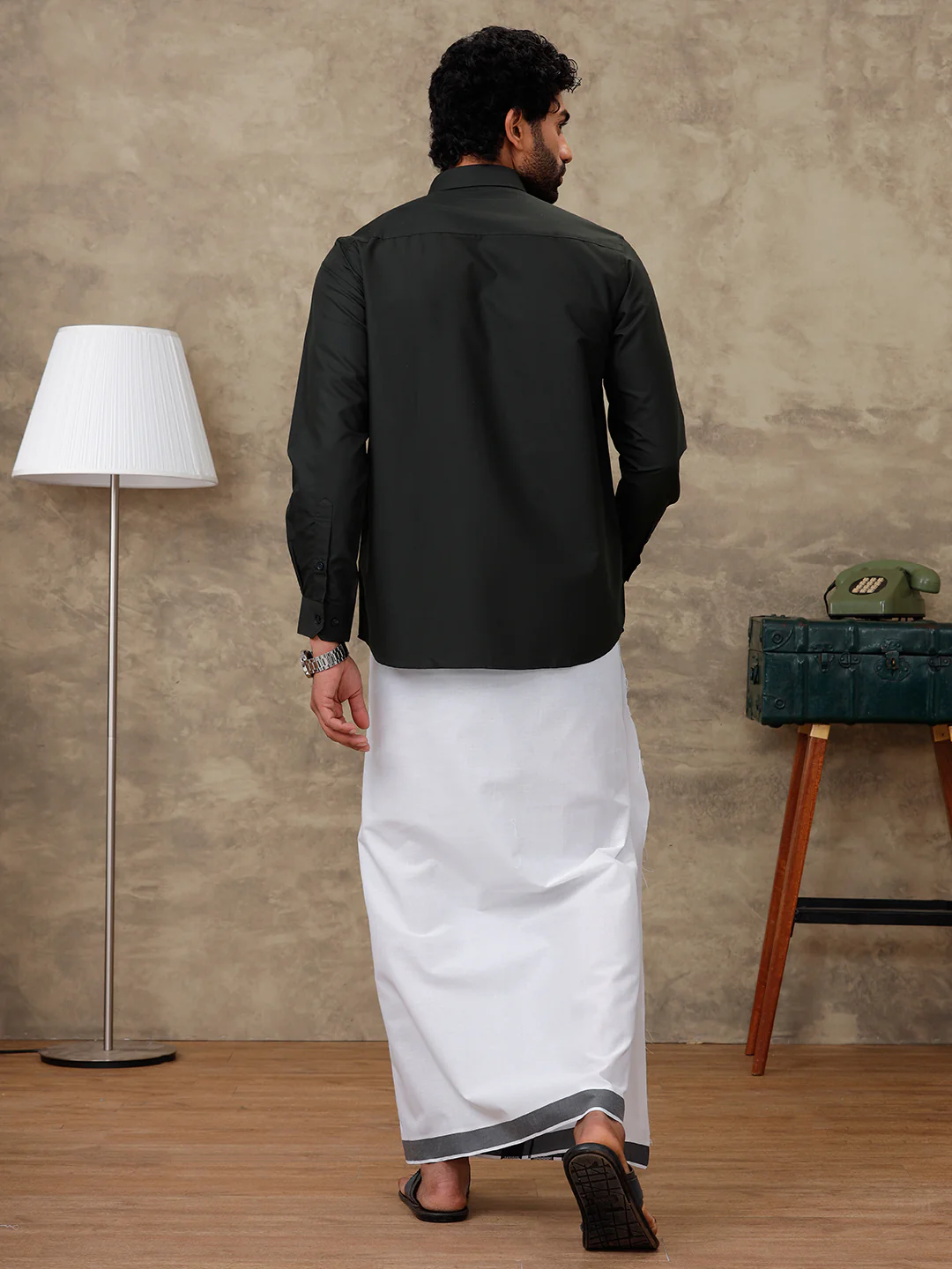 Men Green Waterlo Shirt With Matching Border Dhoti Set Trendy - Image 5