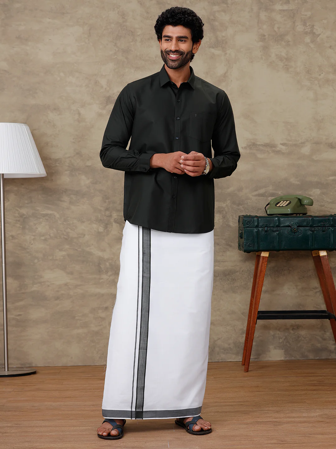 Men Green Waterlo Shirt With Matching Border Dhoti Set Trendy - Image 6