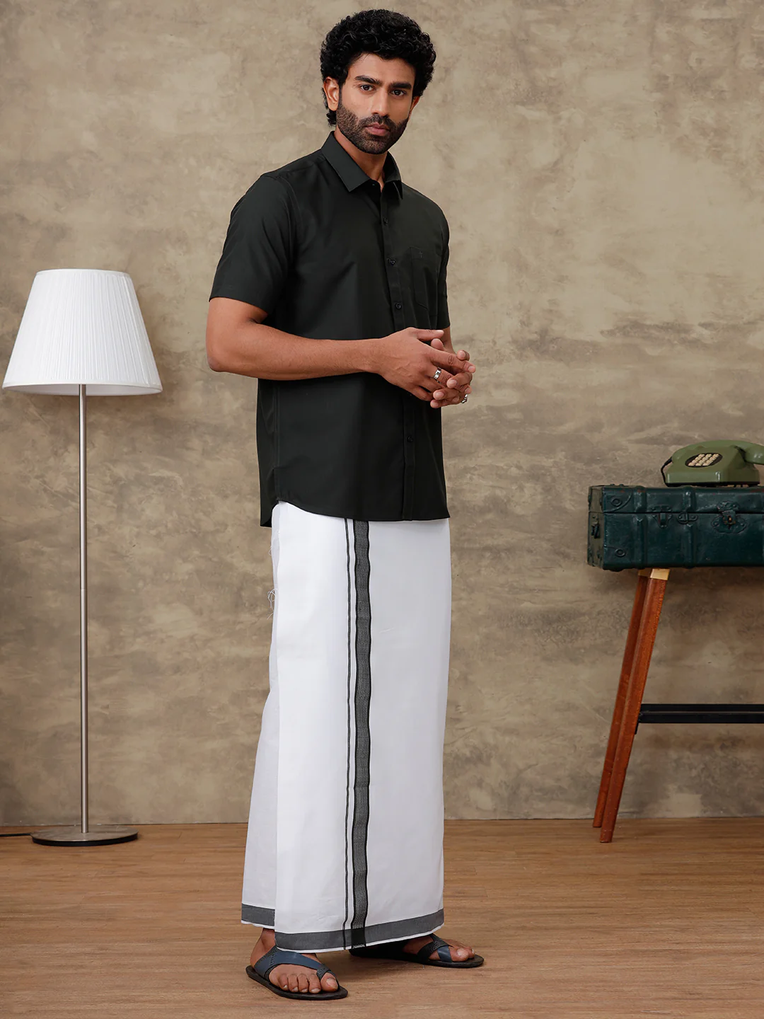 Men Green Waterlo Shirt With Matching Border Dhoti Set Trendy - Image 2