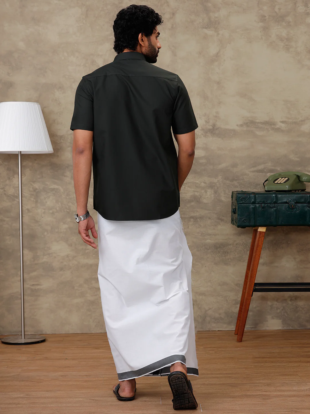 Men Green Waterlo Shirt With Matching Border Dhoti Set Trendy - Image 5