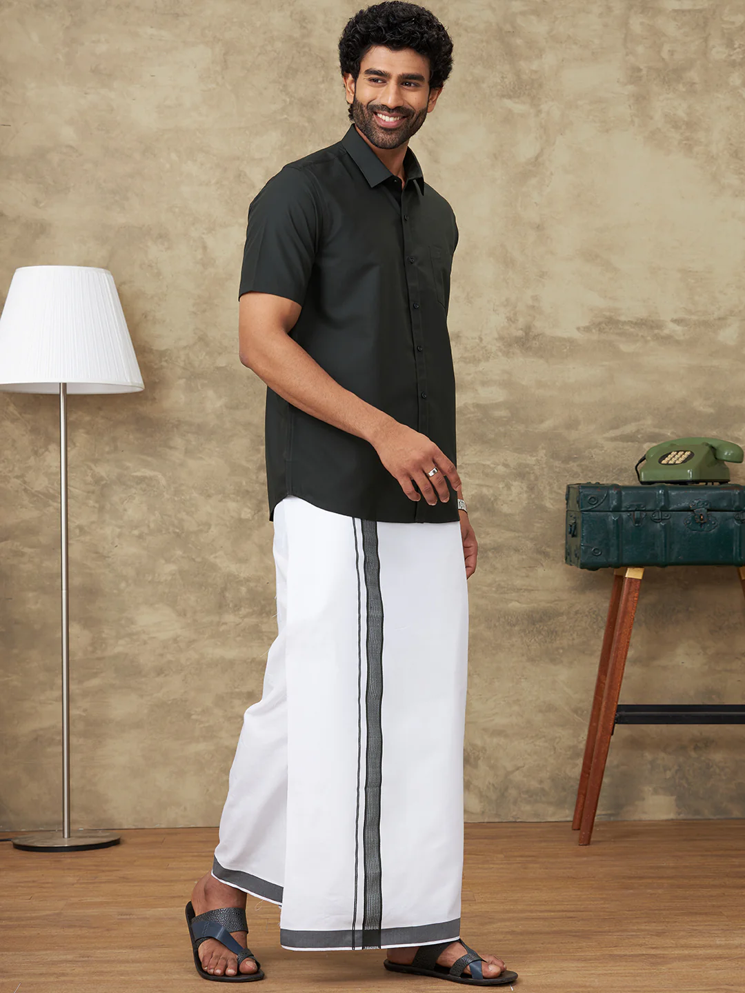 Men Green Waterlo Shirt With Matching Border Dhoti Set Trendy - Image 6