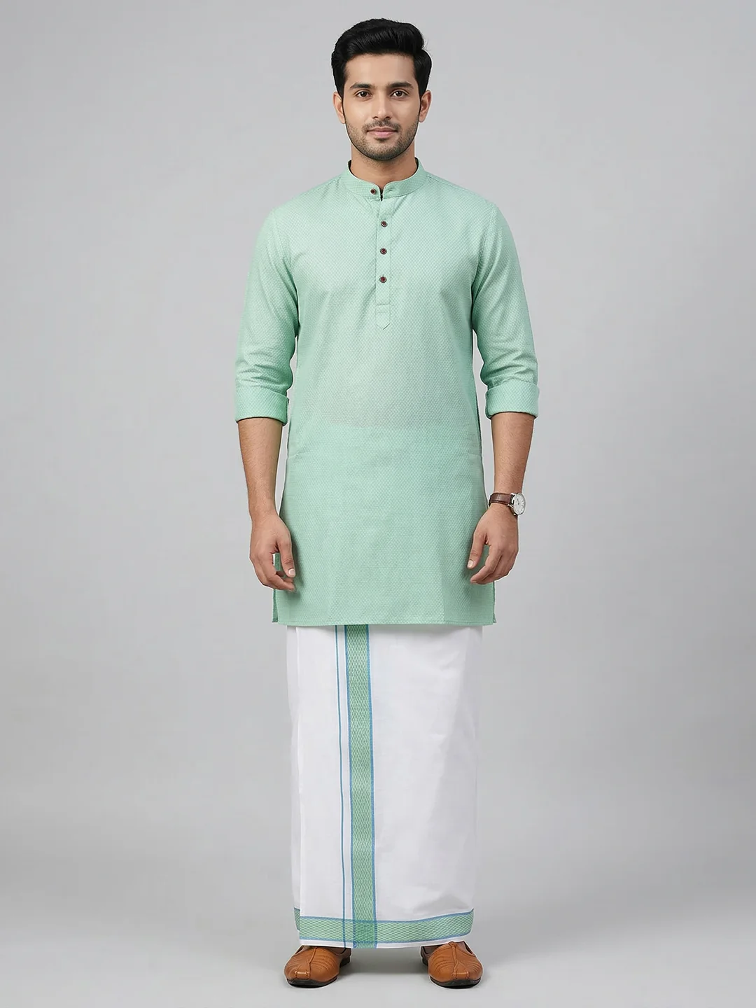 Men Greenish Blue Medium Length Kurta with Matching Border Dhoti Set MHJ6 - Image 2