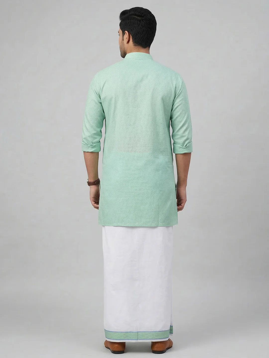 Men Greenish Blue Medium Length Kurta with Matching Border Dhoti Set MHJ6 - Image 3