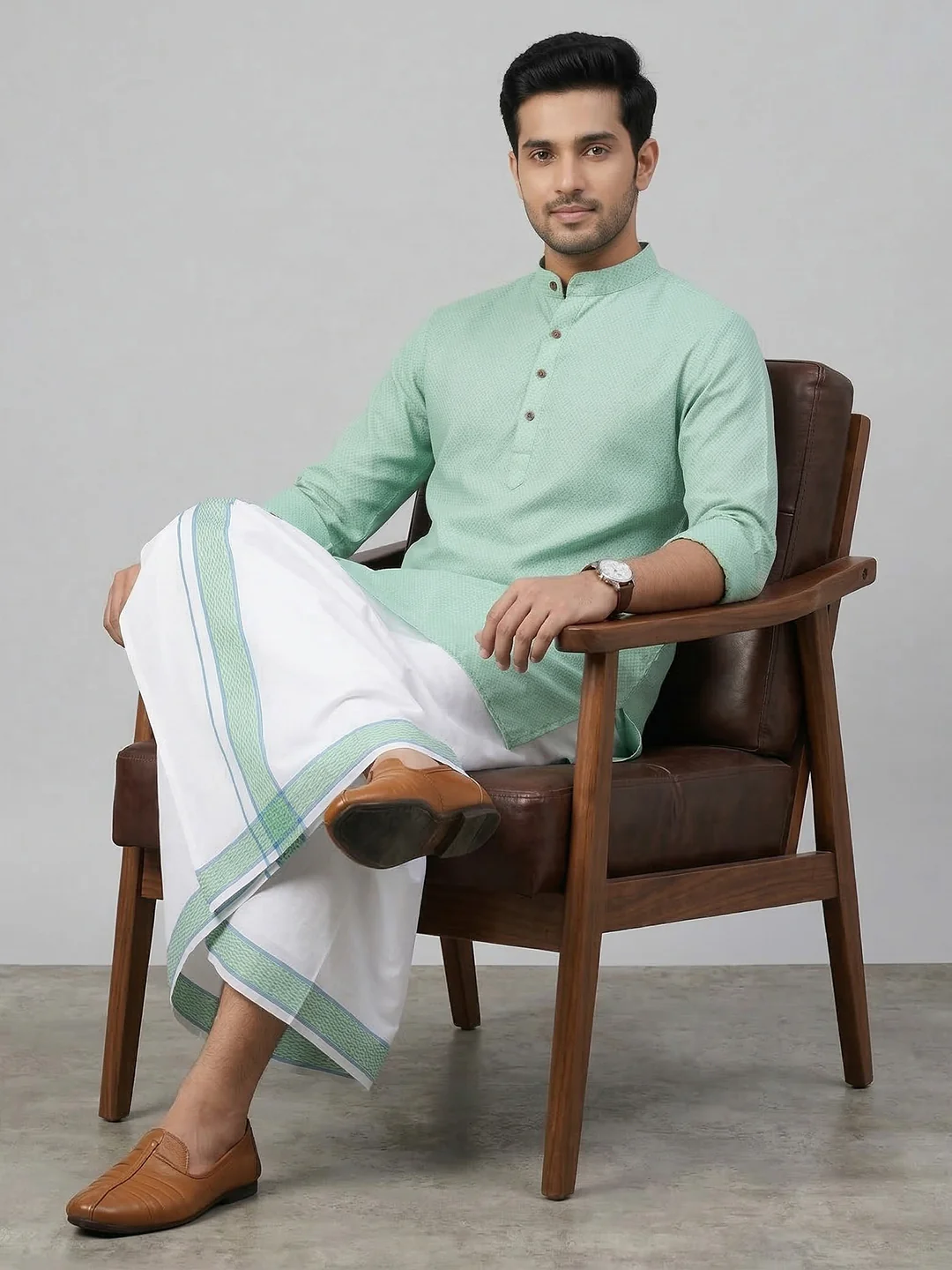 Men Greenish Blue Medium Length Kurta with Matching Border Dhoti Set MHJ6 - Image 5