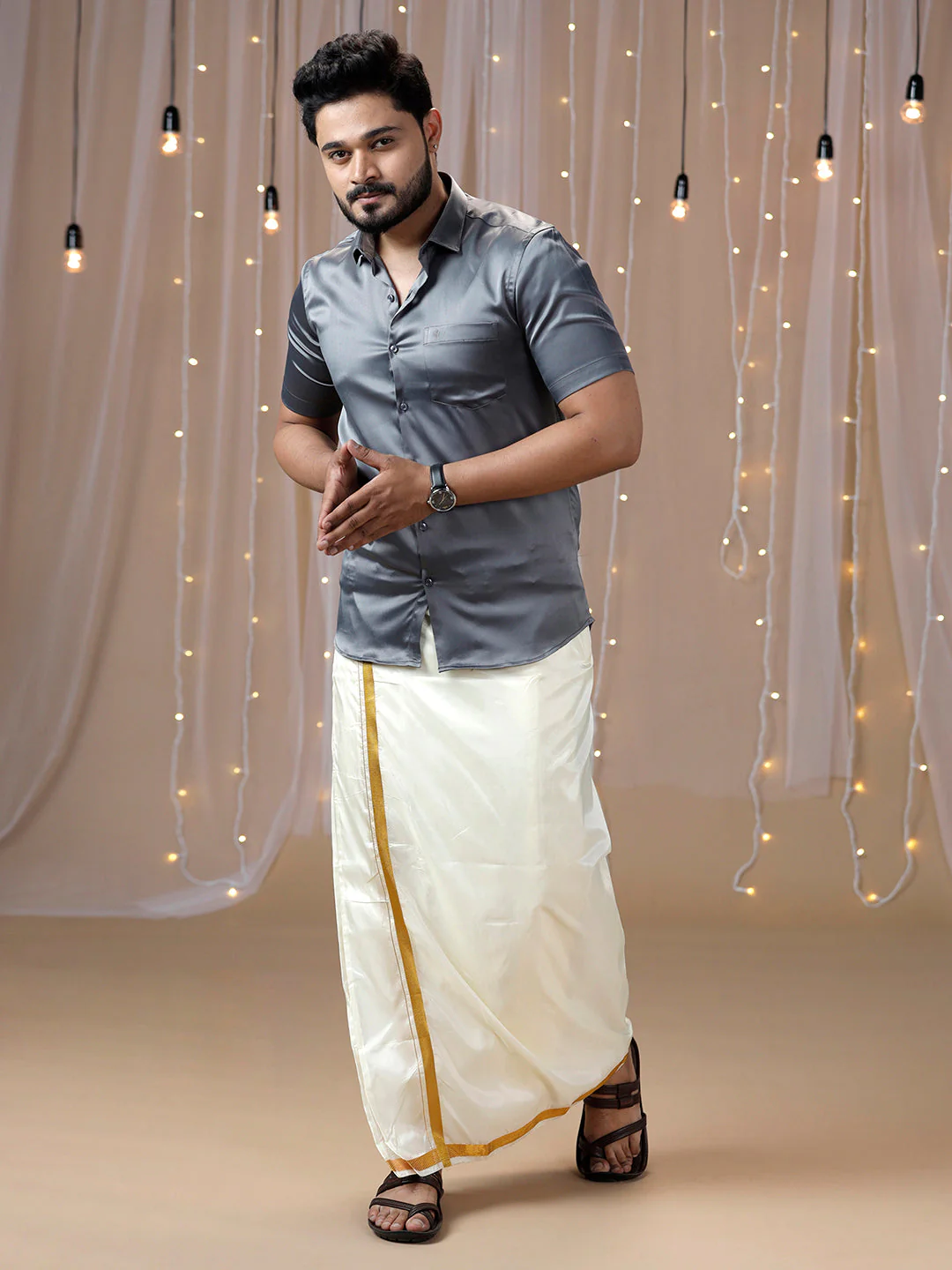 Men Grey Half Sleeves Shirt with Art Silk Double Layer Dhoti Combo PS2