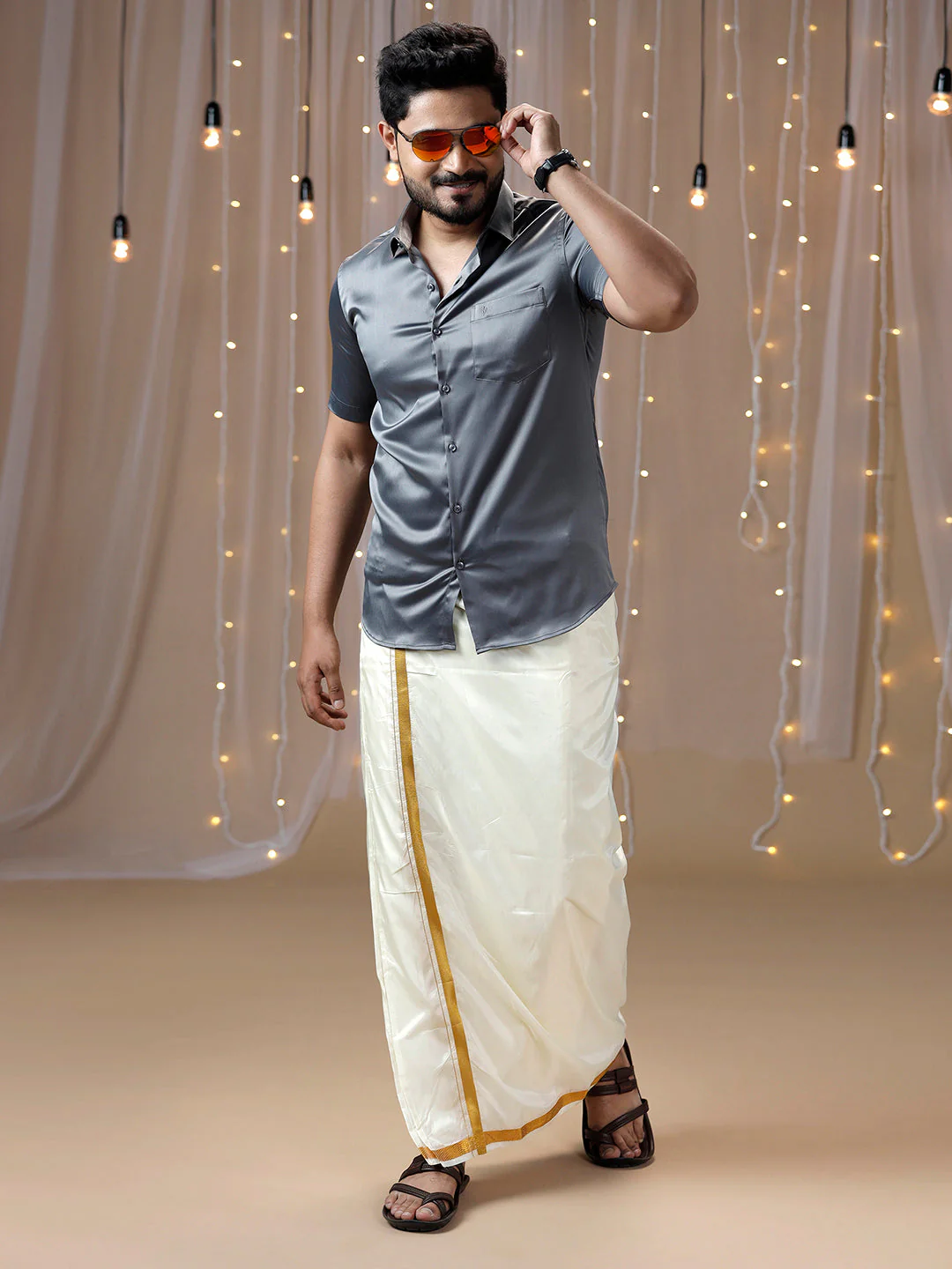 Men Grey Half Sleeves Shirt with Art Silk Double Layer Dhoti Combo PS2 - Image 2