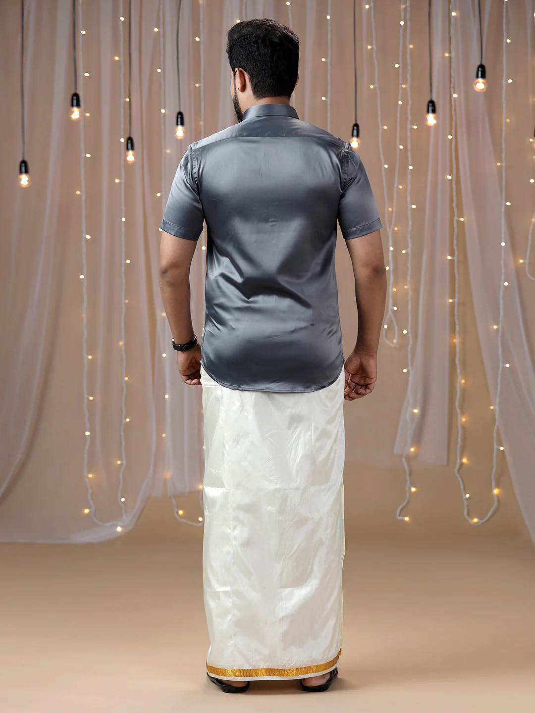 Men Grey Half Sleeves Shirt with Art Silk Double Layer Dhoti Combo PS2 - Image 3