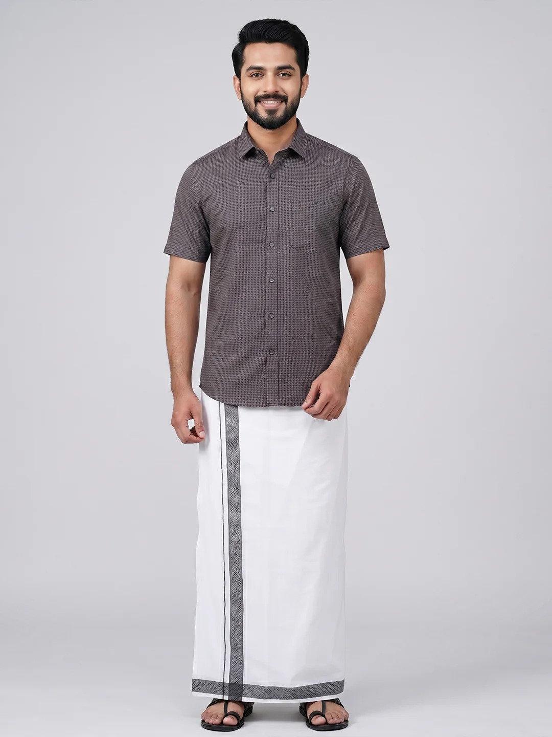 Men Greyish Black Matching Border Dhoti With Printed Shirt Set Windsor HNJ7 - Image 2