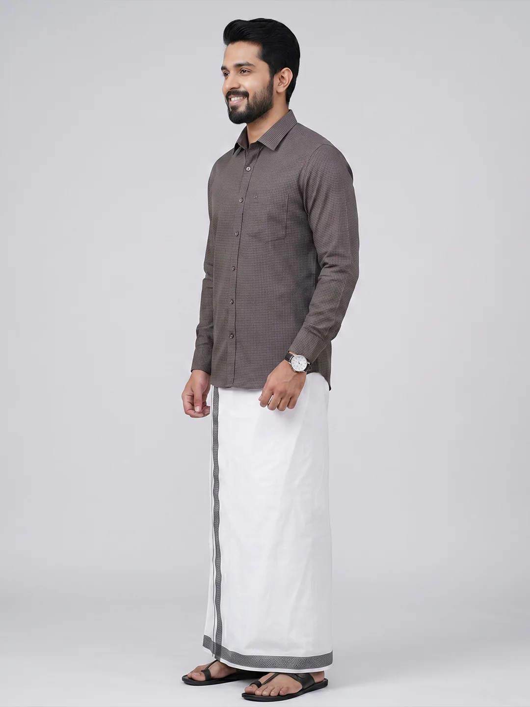 Men Greyish Black Matching Border Dhoti With Printed Shirt Set Windsor HNJ7 - Image 3