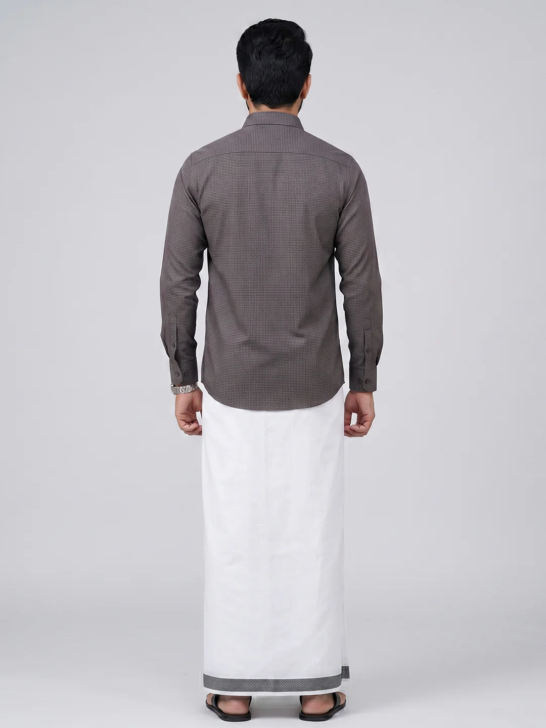 Men Greyish Black Matching Border Dhoti With Printed Shirt Set Windsor HNJ7 - Image 4