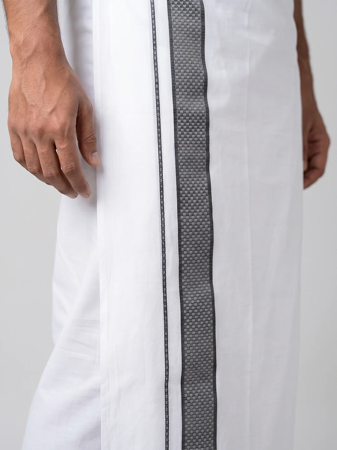 Men Greyish Black Matching Border Dhoti With Printed Shirt Set Windsor HNJ7 - Image 6