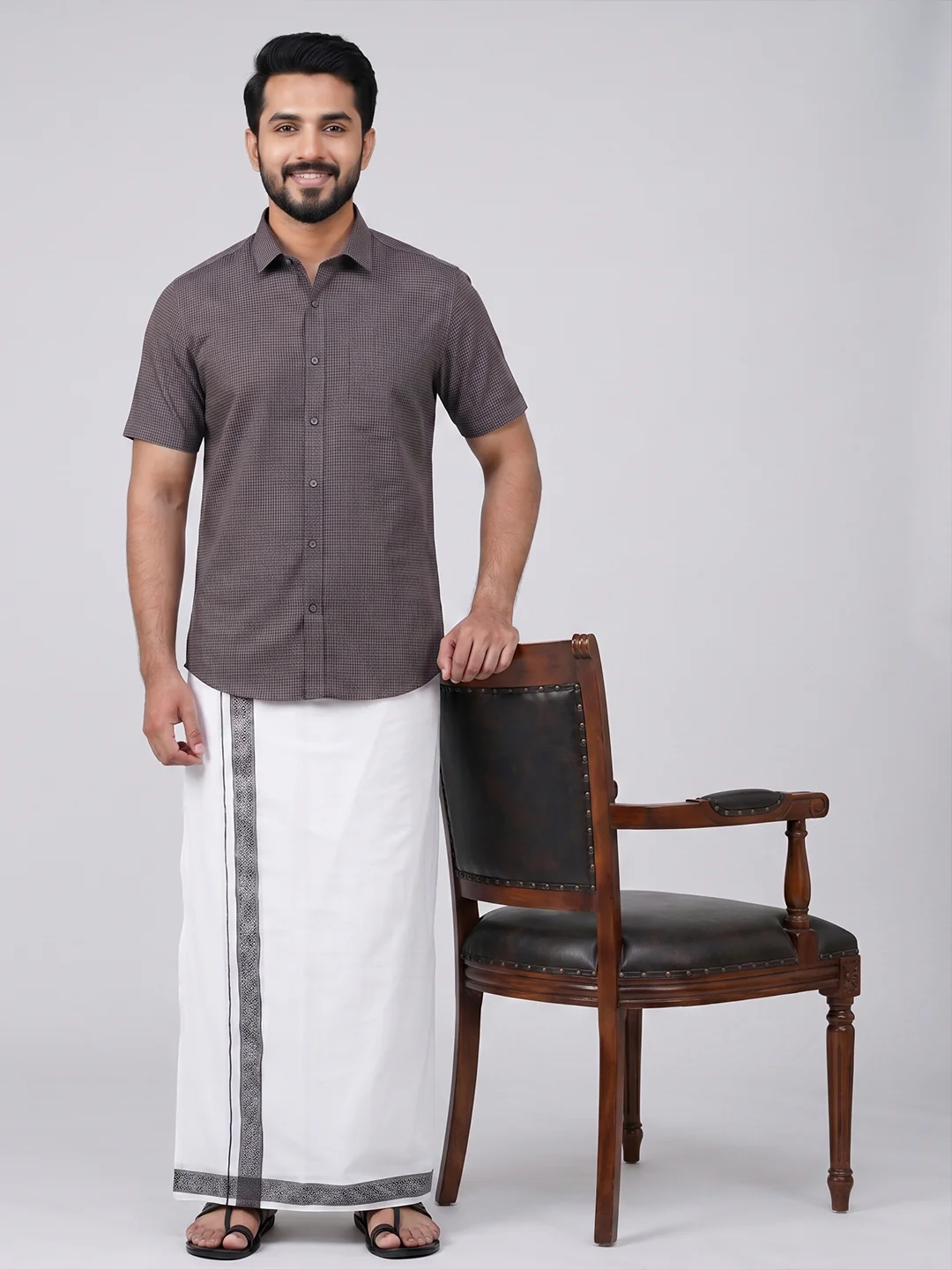 Men Greyish Black Matching Border Dhoti With Printed Shirt Set Windsor HNJ7 - Image 7