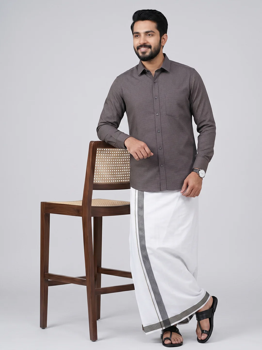 Men Greyish Black Matching Border Dhoti With Printed Shirt Set Windsor HNJ7 - Image 8