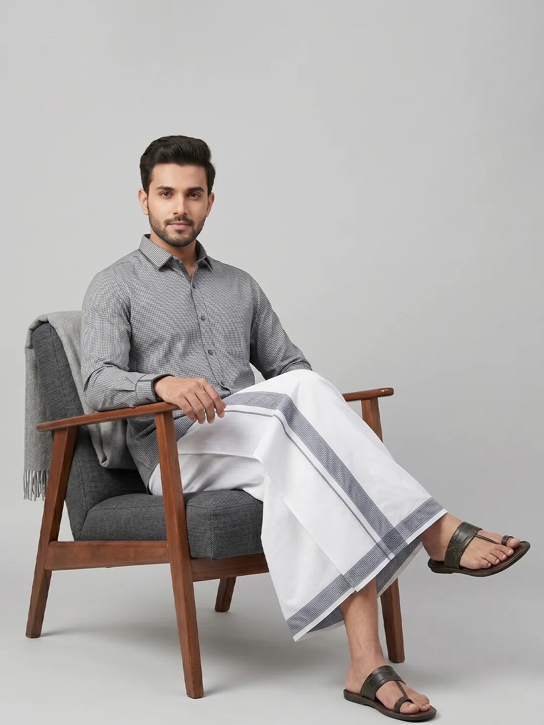 Men Greyish Blue Matching Border Dhoti With Printed Shirt Set Windsor HNJ1 - Image 3