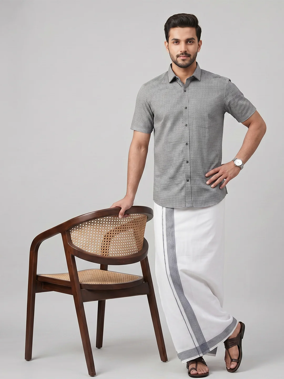 Men Greyish Blue Matching Border Dhoti With Printed Shirt Set Windsor HNJ1 - Image 4