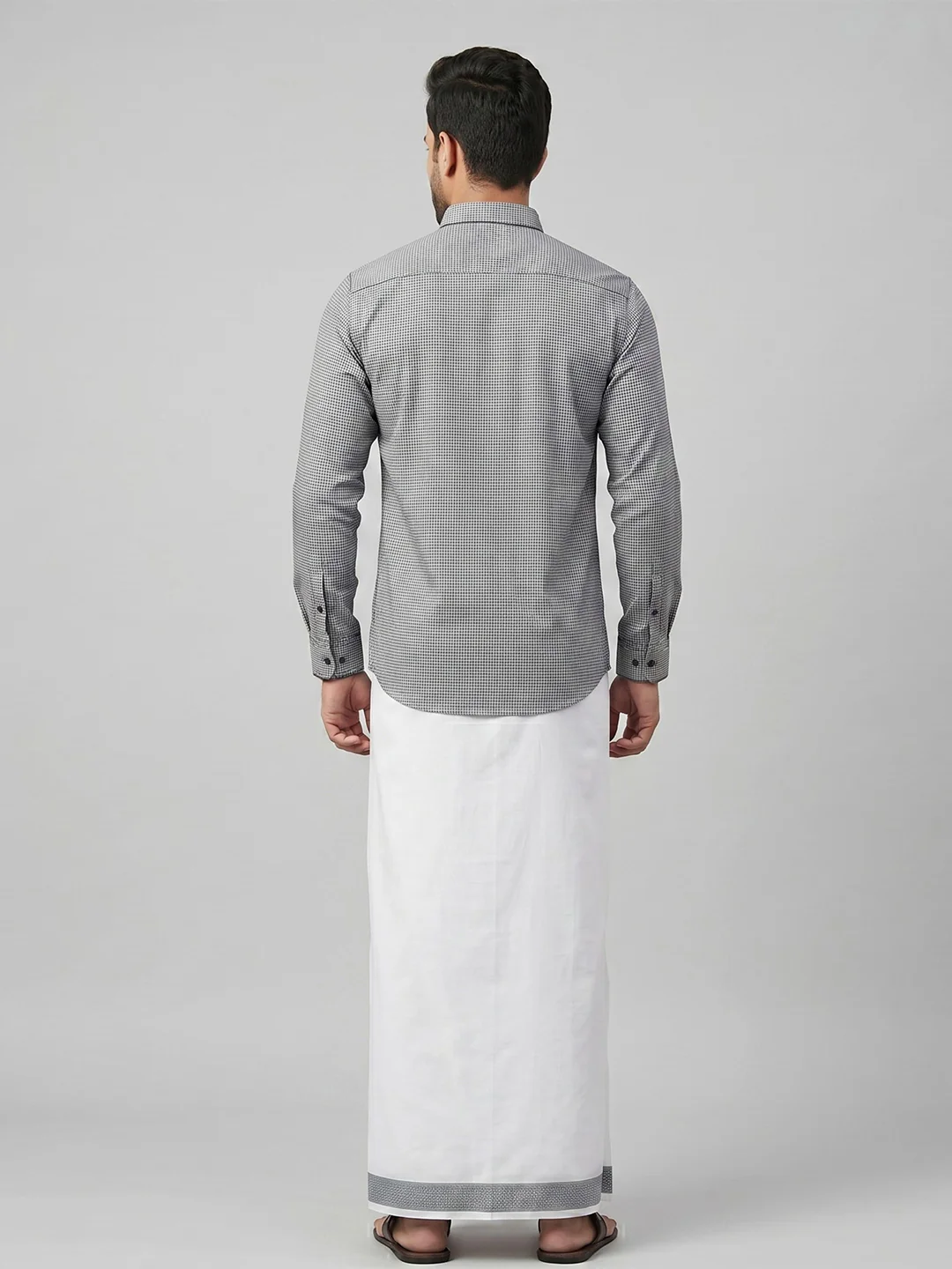 Men Greyish Blue Matching Border Dhoti With Printed Shirt Set Windsor HNJ1 - Image 7