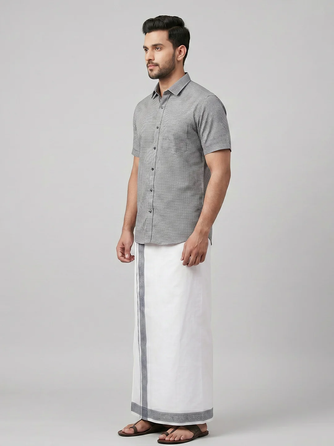 Men Greyish Blue Matching Border Dhoti With Printed Shirt Set Windsor HNJ1 - Image 8