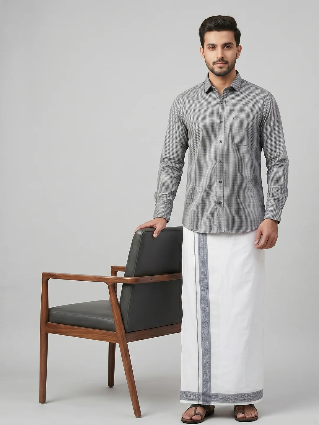 Men Greyish Blue Matching Border Dhoti With Printed Shirt Set Windsor HNJ1 - Image 9