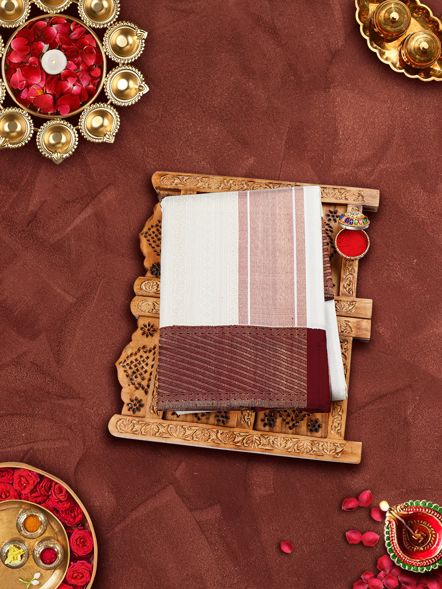 Men Handcrafted Pure Silk Cream Dhoti & Towel Set with 5" inch Korvai Jari Border Jari Border Agarshanaa - Image 3