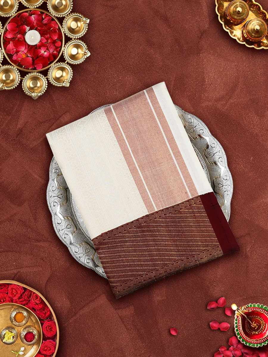 Men Handcrafted Pure Silk Cream Dhoti & Towel Set with 5" inch Korvai Jari Border Jari Border Agarshanaa - Image 4