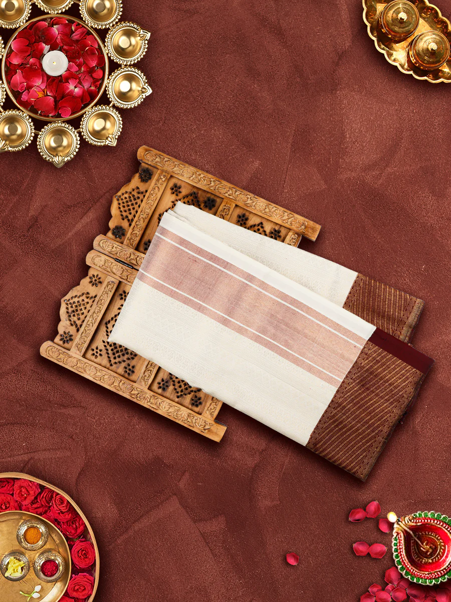 Men Handcrafted Pure Silk Cream Dhoti & Towel Set with 5" inch Korvai Jari Border Jari Border Agarshanaa - Image 5