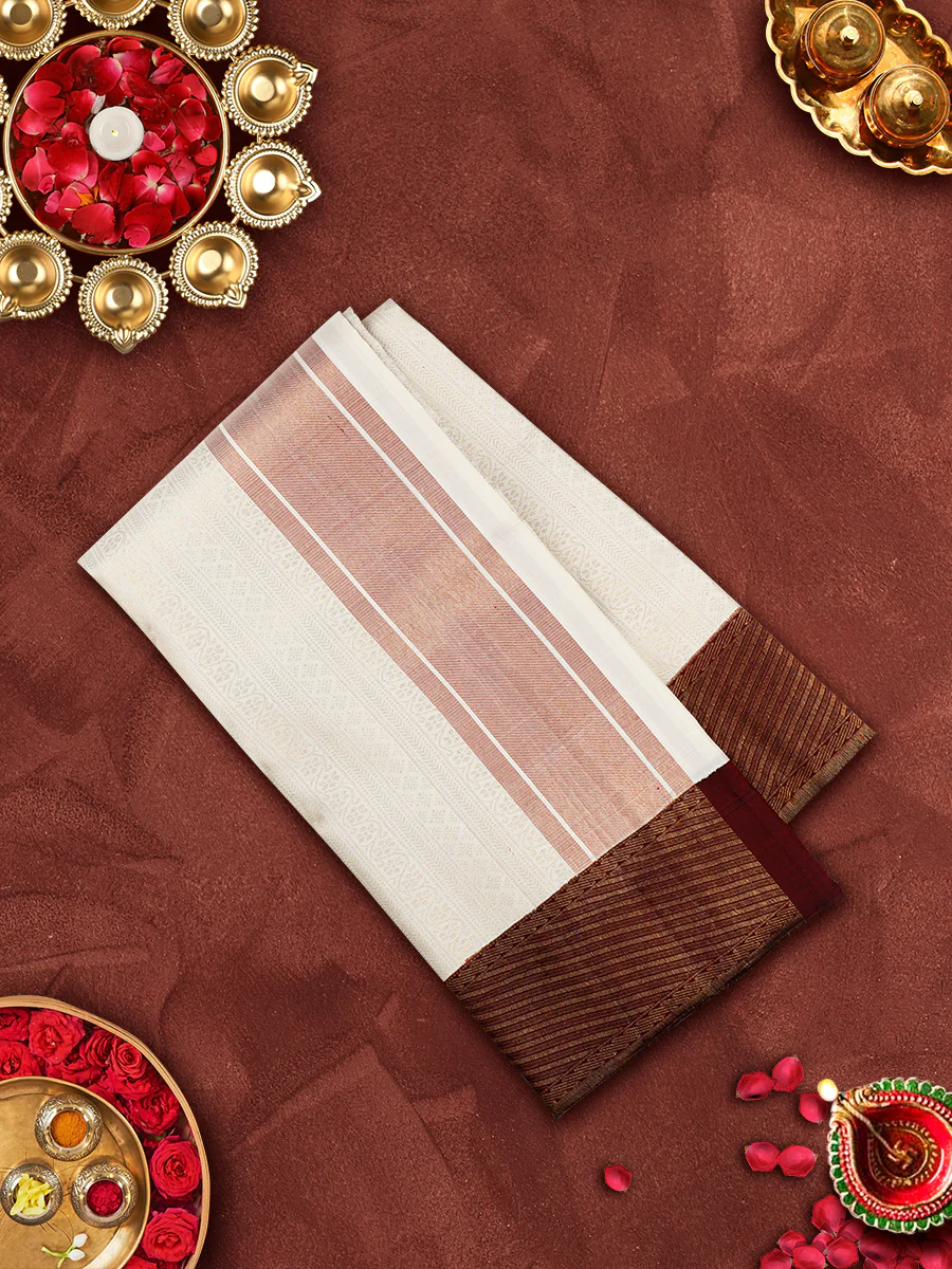 Men Handcrafted Pure Silk Cream Dhoti & Towel Set with 5" inch Korvai Jari Border Jari Border Agarshanaa - Image 6