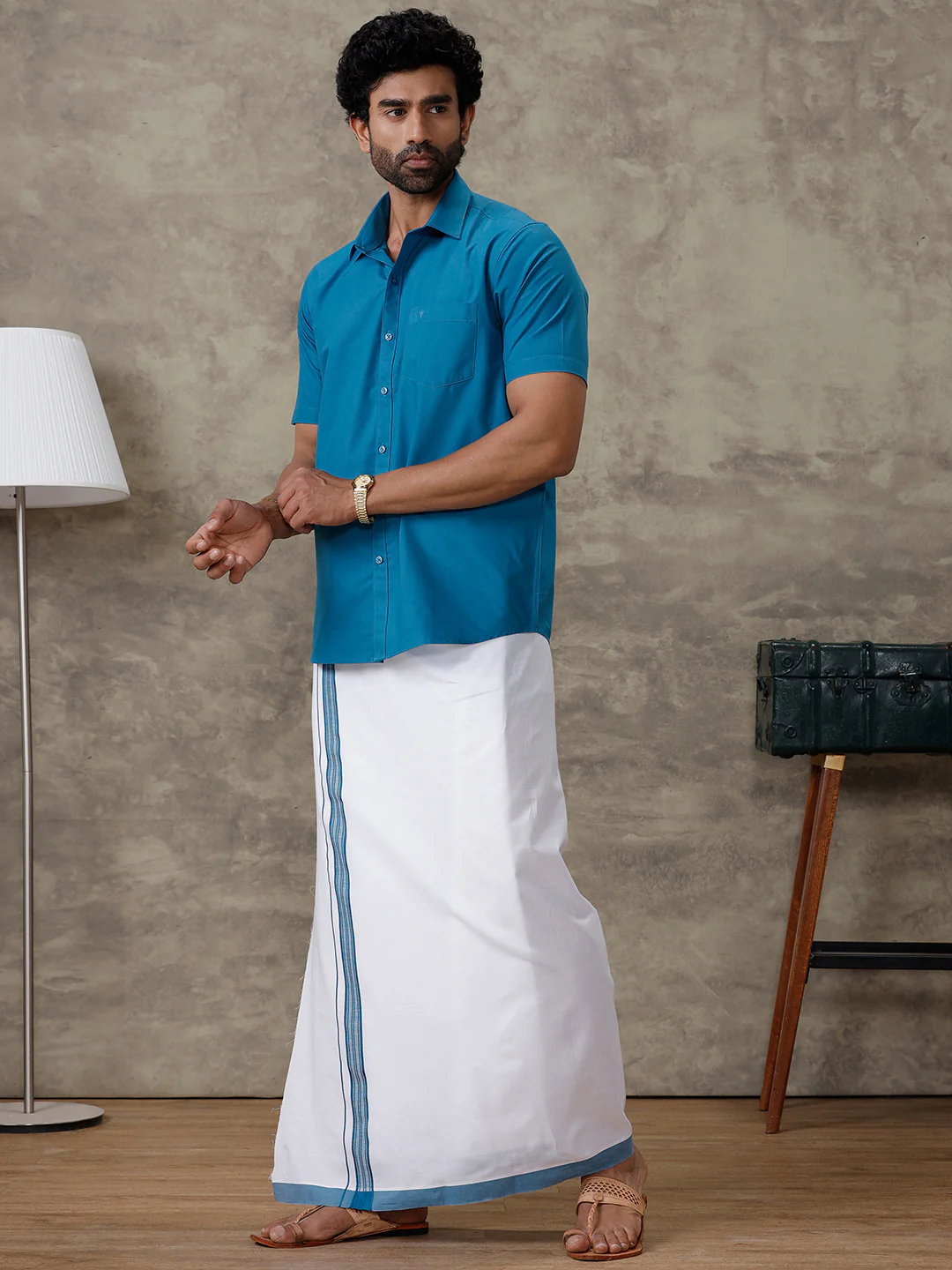 Men Jelly Blue Shirt With Matching Border Dhoti Set Trendy - Image 2