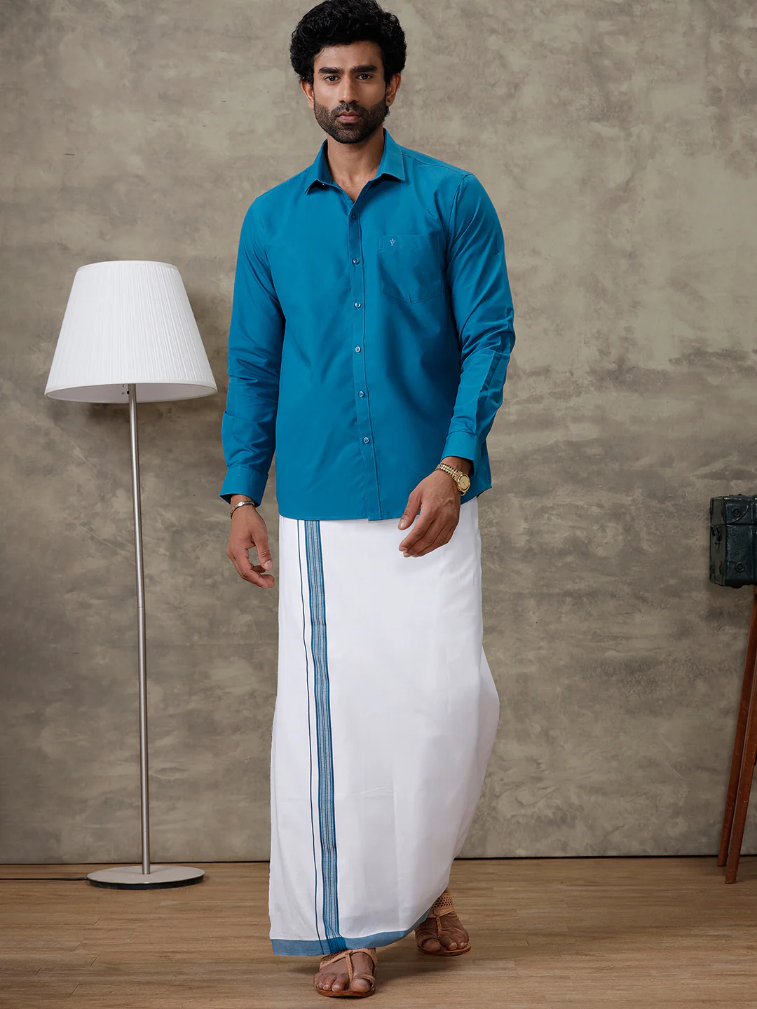 Men Jelly Blue Shirt With Matching Border Dhoti Set Trendy - Image 3