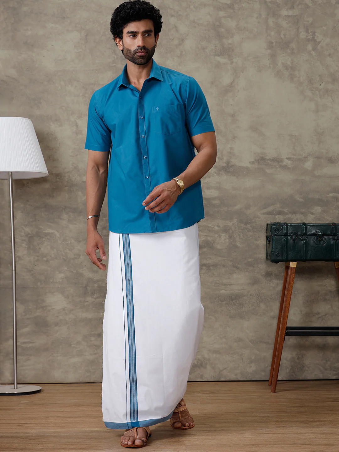Men Jelly Blue Shirt With Matching Border Dhoti Set Trendy - Image 4