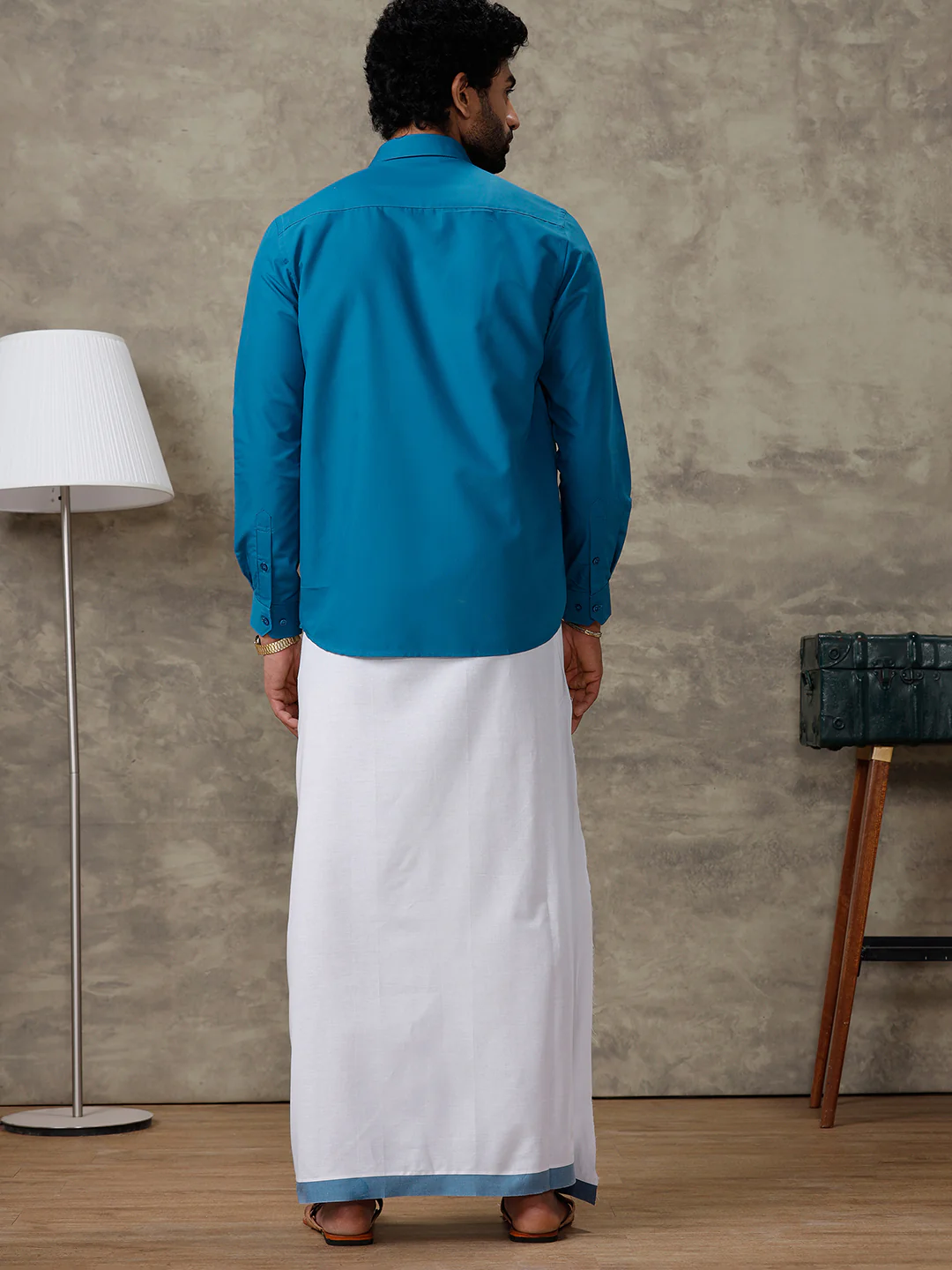 Men Jelly Blue Shirt With Matching Border Dhoti Set Trendy - Image 6