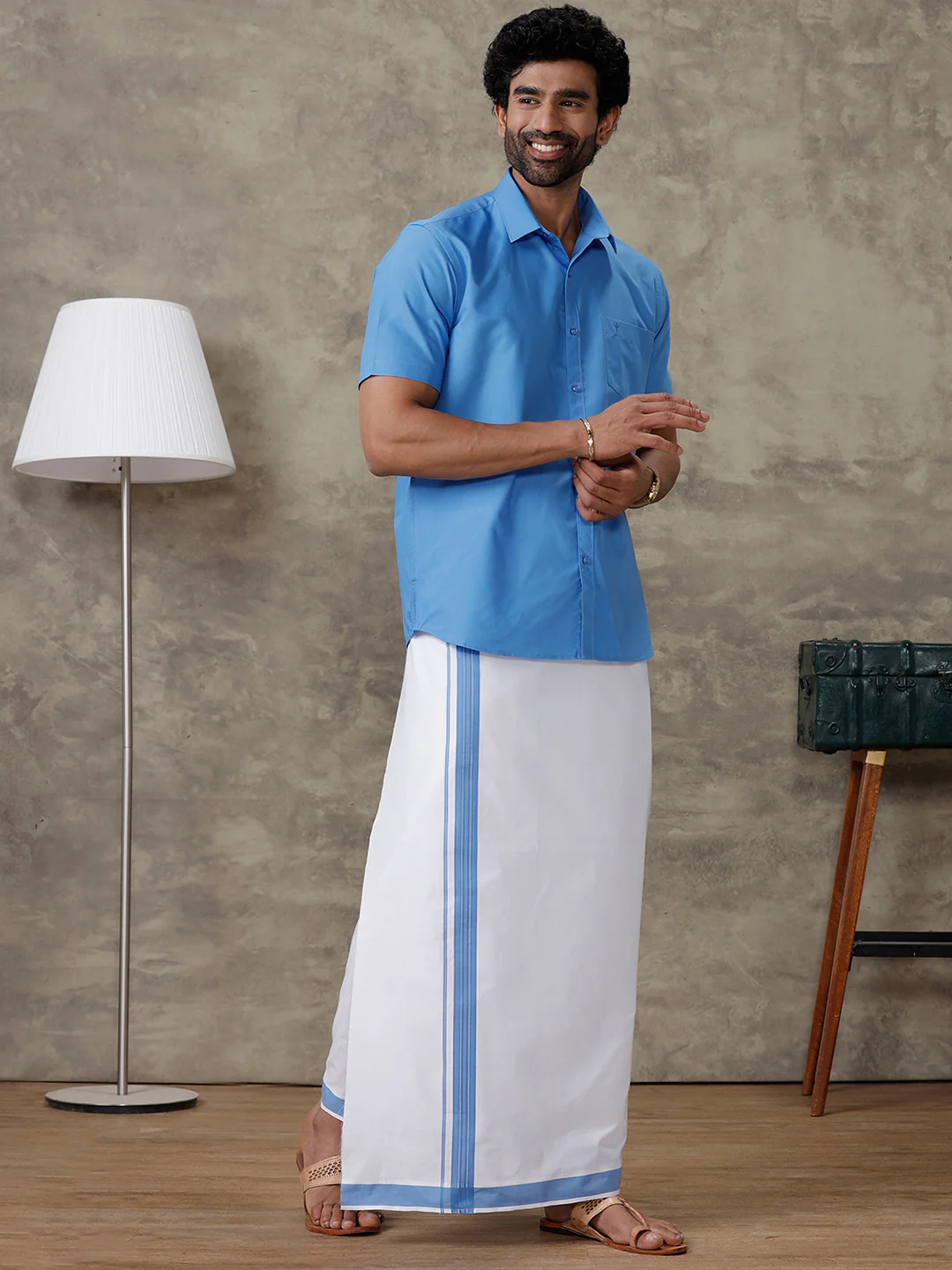 Men Jordy Blue Shirt With Matching Border Dhoti Set Trendy - Image 2