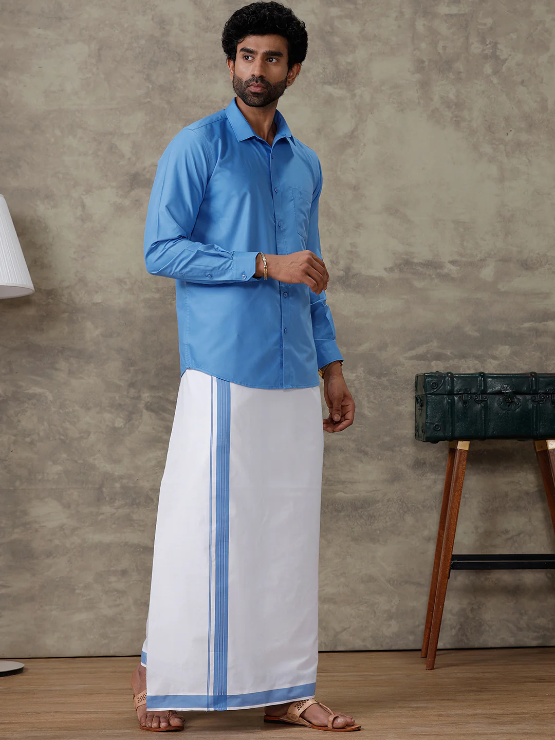 Men Jordy Blue Shirt With Matching Border Dhoti Set Trendy - Image 3