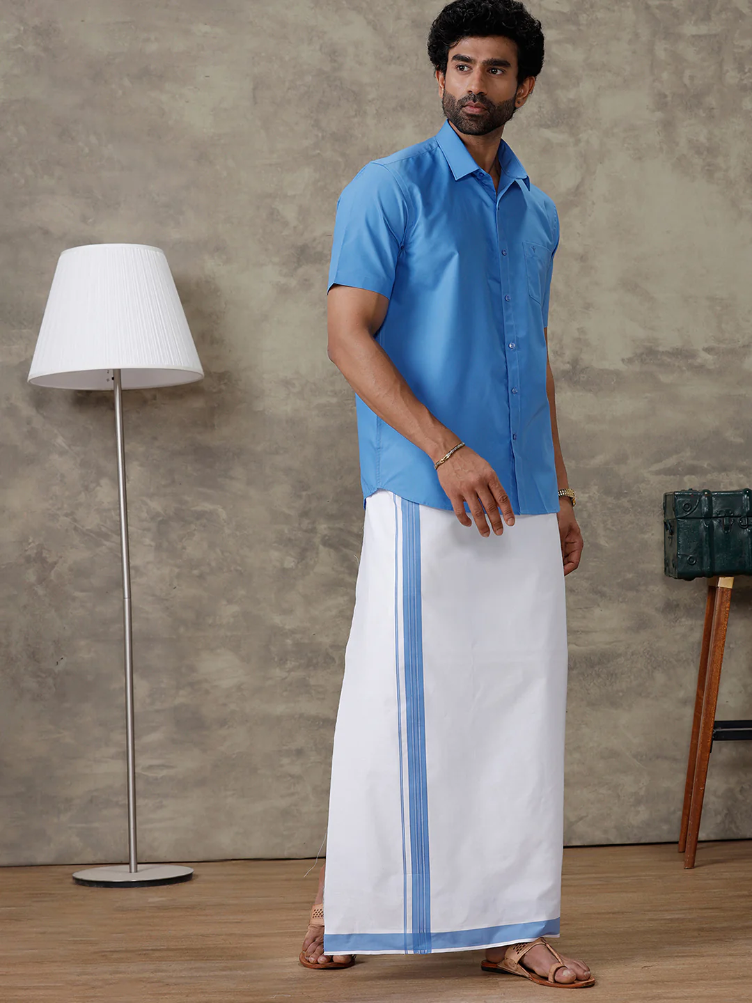 Men Jordy Blue Shirt With Matching Border Dhoti Set Trendy - Image 4
