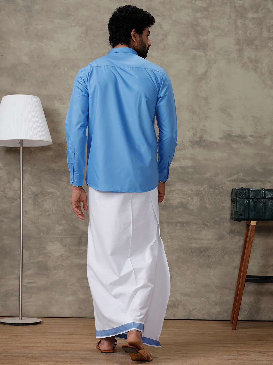 Men Jordy Blue Shirt With Matching Border Dhoti Set Trendy - Image 5