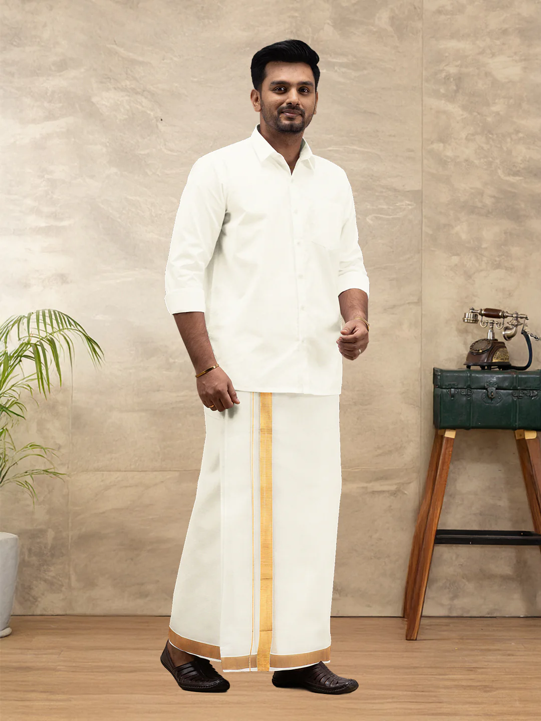 Men Kora Cotton Double Layer Cream Dhoti with 1 1/2"inch Gold Jari Border Mangal - Image 2