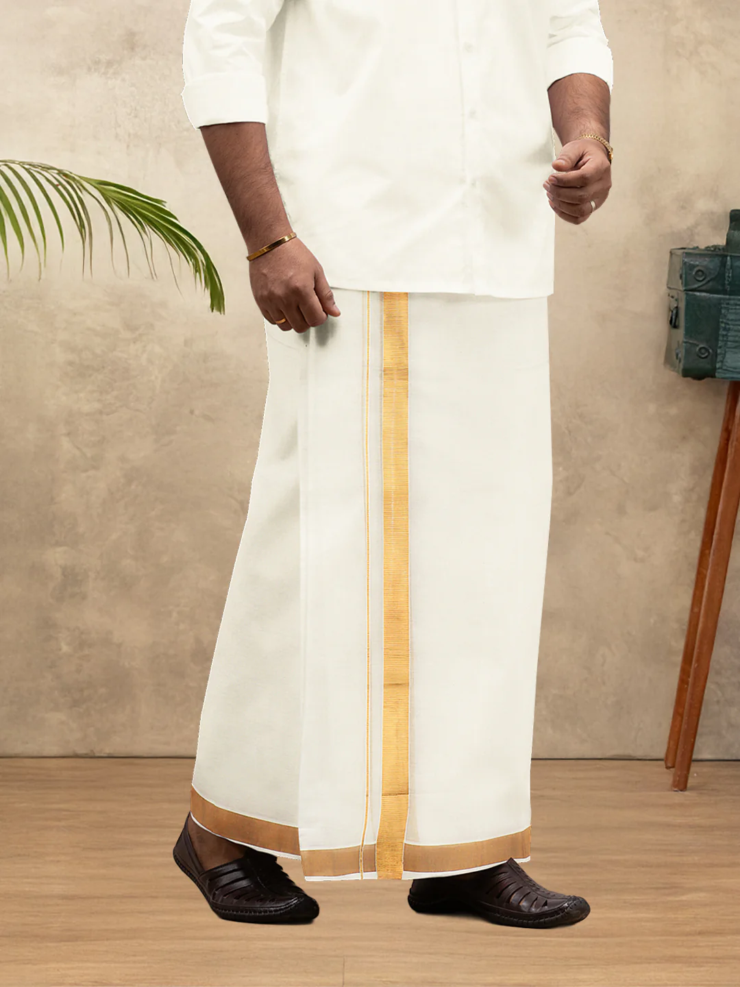 Men Kora Cotton Double Layer Cream Dhoti with 1 1/2"inch Gold Jari Border Mangal - Image 3