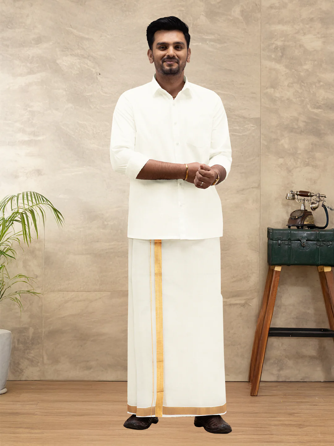 Men Kora Cotton Double Layer Cream Dhoti with 1 1/2"inch Gold Jari Border Mangal - Image 4