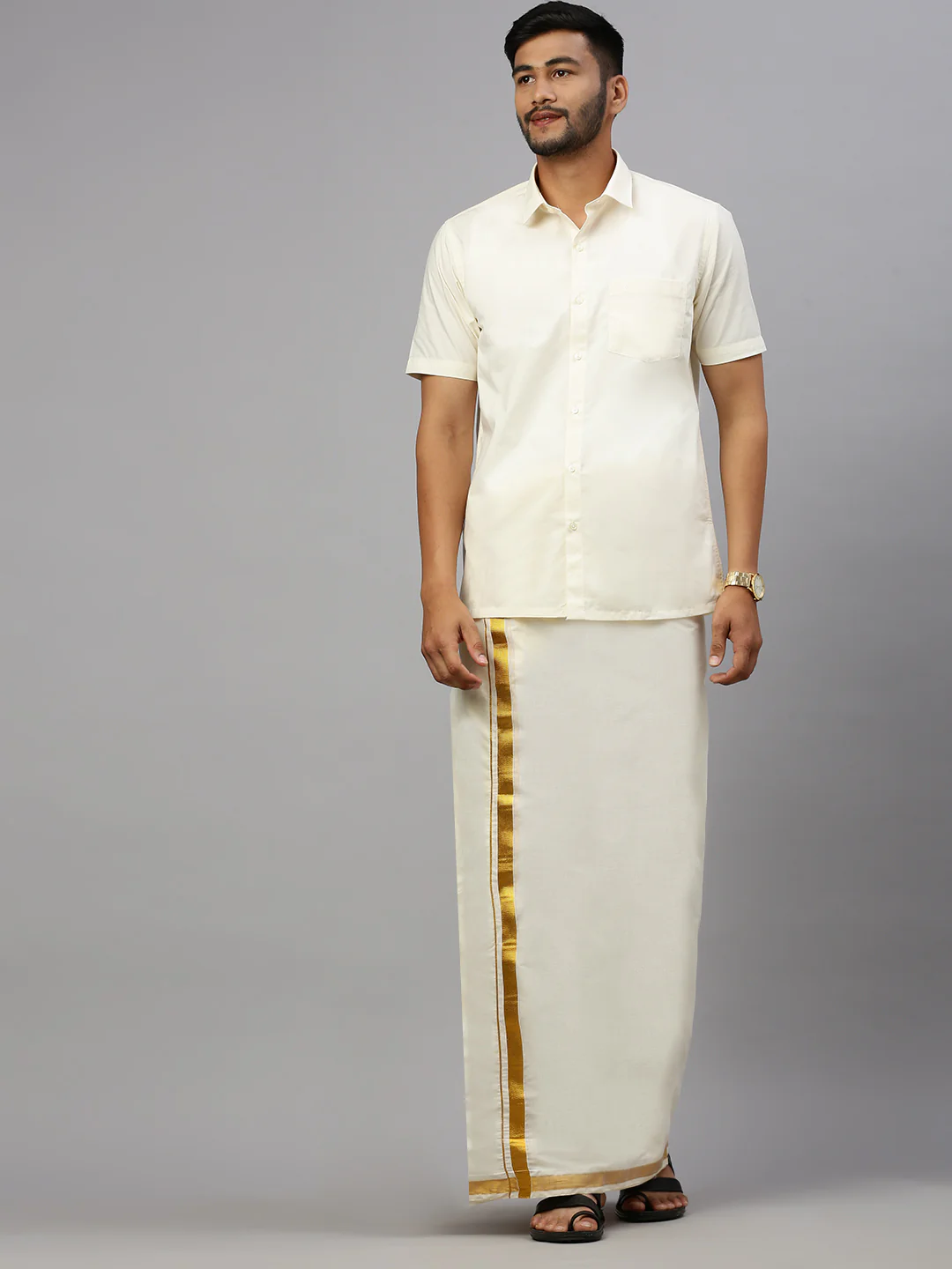 Men Kora Cotton Double Layer Cream Dhoti with 1"inch Gold Jari Border Mangal - Image 3