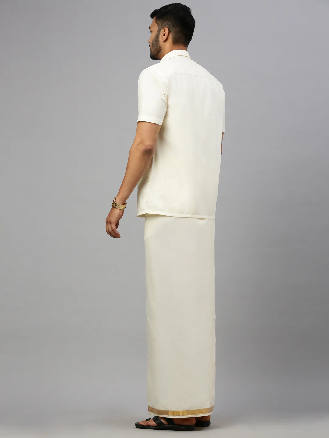 Men Kora Cotton Double Layer Cream Dhoti with 1"inch Gold Jari Border Mangal - Image 4