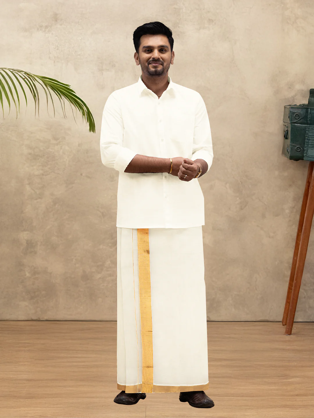 Men Kora Cotton Double Layer Cream Dhoti with 2"inch Gold Jari Border Mangal - Image 2