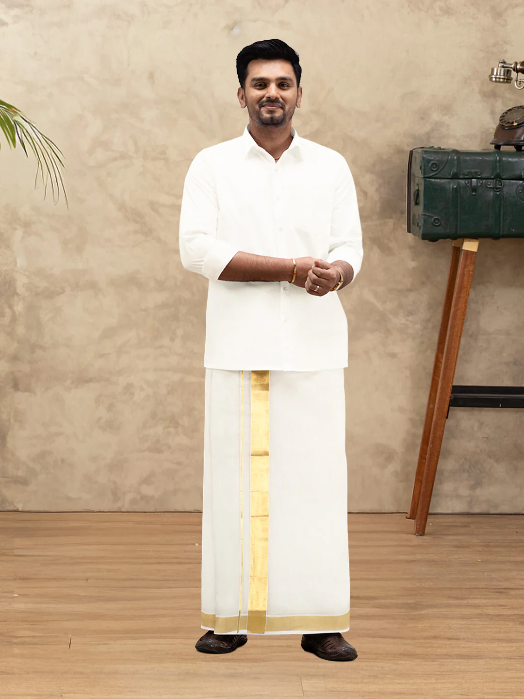 Men Kora Cotton Double Layer Dhoti with Gold Jari Border Chingam 5029 - Image 2