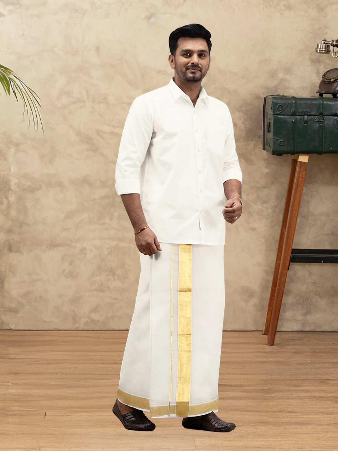 Men Kora Cotton Double Layer Dhoti with Gold Jari Border Chingam 5029 - Image 4