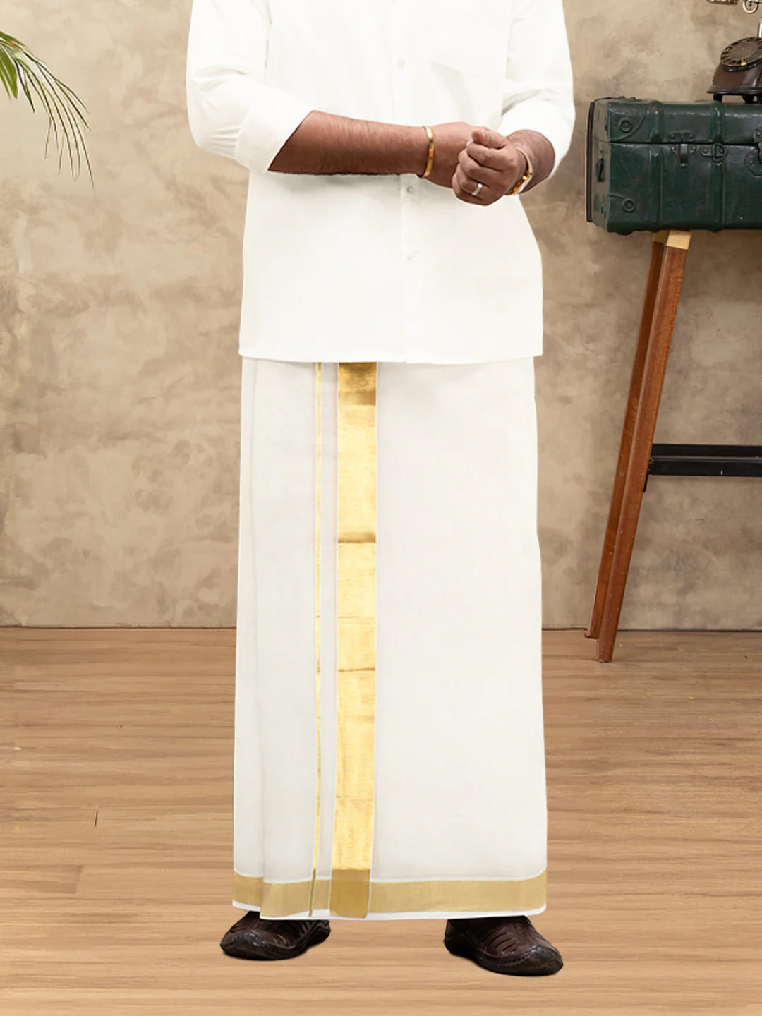 Men Kora Cotton Double Layer Dhoti with Gold Jari Border Chingam 5029 - Image 5