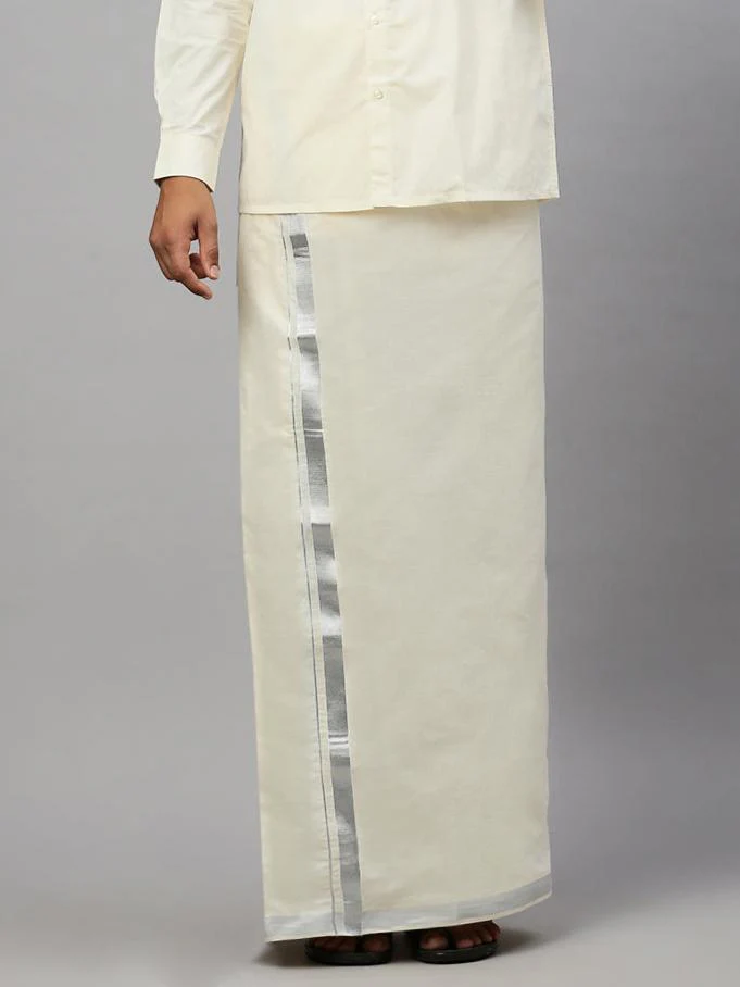 Men Kora Cotton Double Layer Dhoti with 1" Jari Border Silver Mark